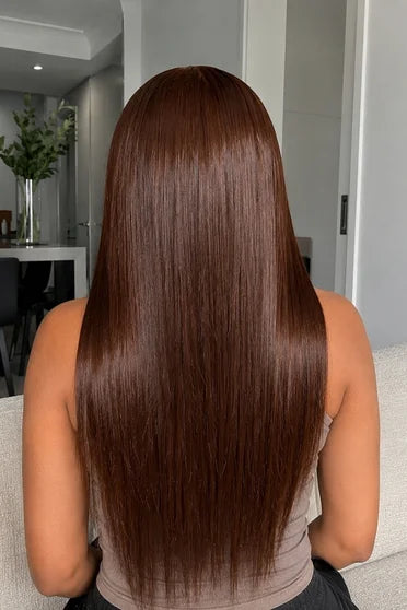 Straight Chocolate Brown 13x6 HD Lace Frontal Wig – Crown Strand, styled on model