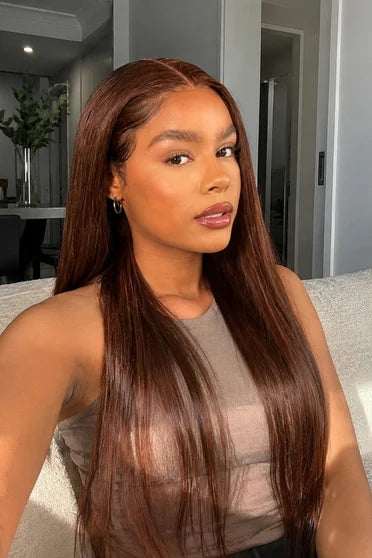 Straight Chocolate Brown 13x6 HD Lace Frontal Wig – Crown Strand, side profile
