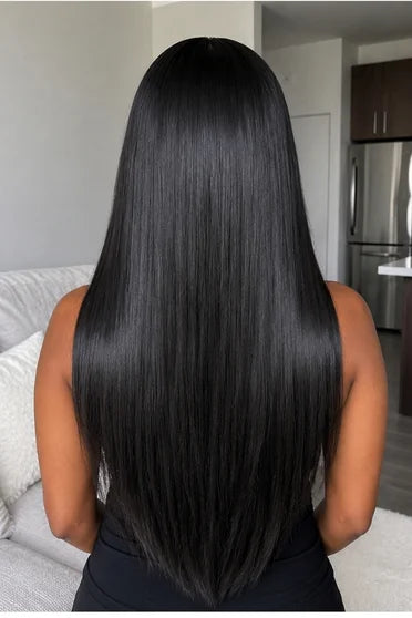 Straight HD Lace Human Hair Blend Wig 220% Density – Crown Strand, styled on model