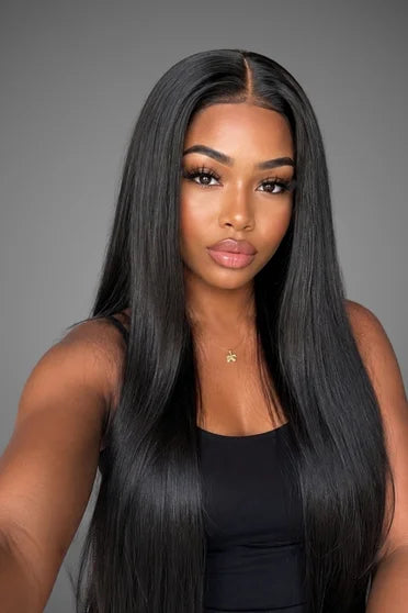 Straight HD Lace Human Hair Blend Wig 220% Density – Crown Strand, front view