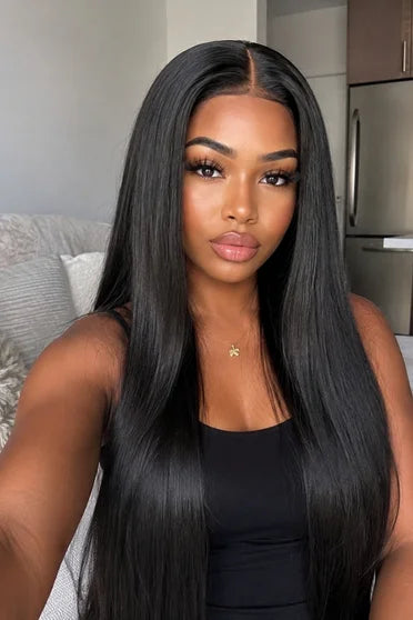 Straight HD Lace Human Hair Blend Wig 220% Density – Crown Strand, side profile