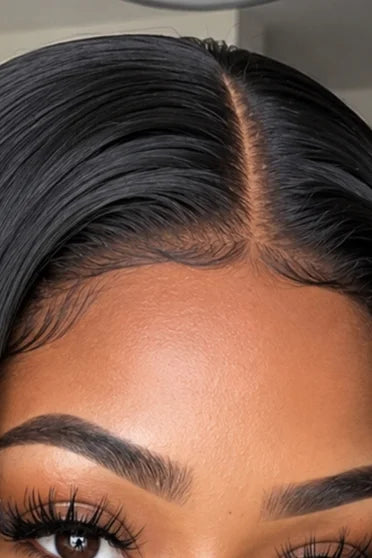 Straight HD Lace Human Hair Blend Wig 220% Density – Crown Strand, HD lace hairline close-up