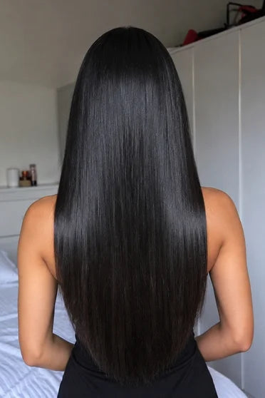 Straight Human Hair Blend V-Part / U-Part Glueless Wig – Crown Strand, styled on model