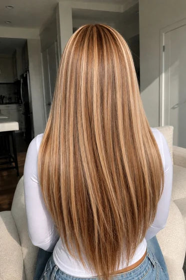 Straight P4/27 Highlight 13x6 HD Lace Wig 200% Density – Crown Strand, styled on model
