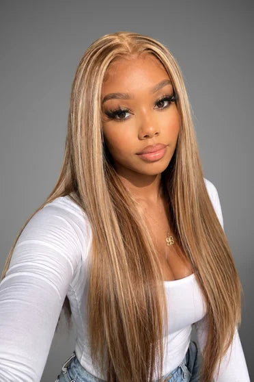 Straight P4/27 Highlight 13x6 HD Lace Wig 200% Density – Crown Strand, front view