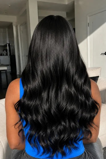 V-Part Body Wave 220 Density Hair Wig – Crown Strand, styled on model