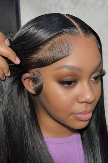 Bone Straight HD Lace Frontal Wig 200% Density - close-up of undetectable HD lace hairline in sleek straight black hair