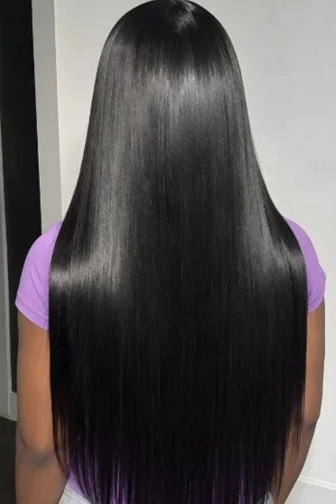 Bone Straight HD Lace Frontal Wig 200% Density - woman touching sleek straight black lace front wig, side profile