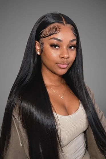 Bone Straight HD Lace Frontal Wig 200% Density - woman with long silky straight black hair wearing beige tank top