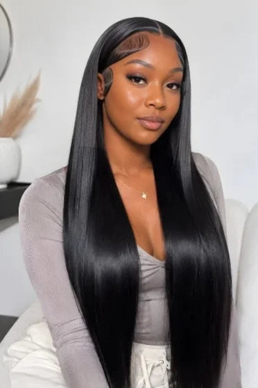 Bone Straight HD Lace Frontal Wig 200% Density - woman with long silky straight black hair wearing gray cardigan