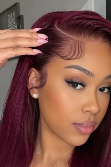 99J Burgundy Body Wave HD Lace Frontal Wig 220% Density - close-up of natural HD lace part in deep burgundy hair