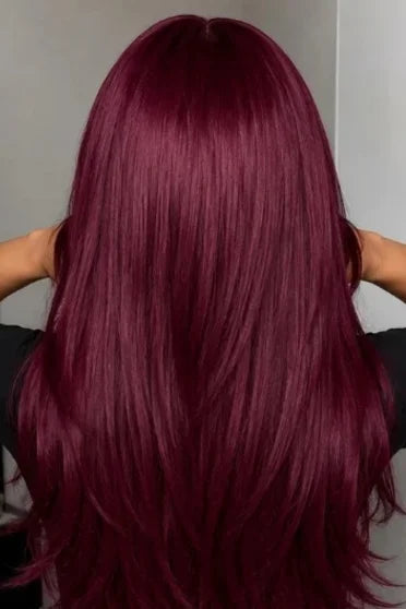 99J Burgundy Body Wave HD Lace Frontal Wig 220% Density - back view of long straight-to-wavy deep burgundy hair