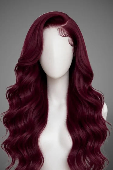 99J Burgundy Body Wave HD Lace Frontal Wig 220% Density - long deep burgundy body wave wig on mannequin head