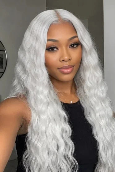Blonde Bohemian 150% Density Curly Lace Wig - close-up of woman with long voluminous silver-white wavy hair