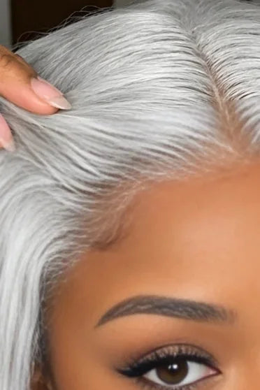 Blonde Bohemian 150% Density Curly Lace Wig - close-up of natural hairline and HD lace part in silver-blonde hair