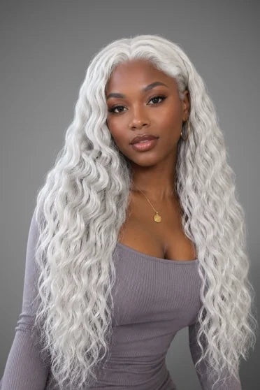 Blonde Bohemian 150% Density Curly Lace Wig - woman modeling long wavy platinum blonde curly lace front wig