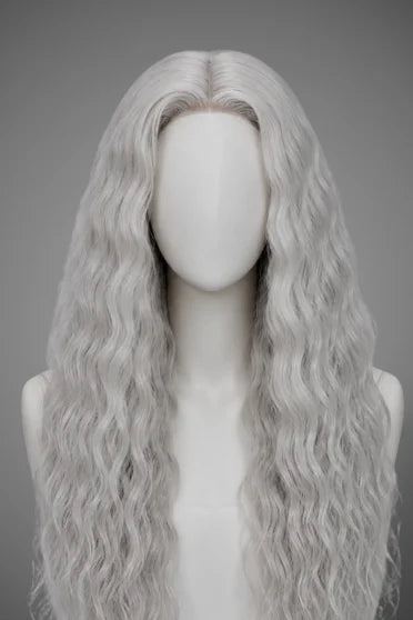 Blonde Bohemian 150% Density Curly Lace Wig - long wavy silver-blonde curly lace front wig on mannequin head